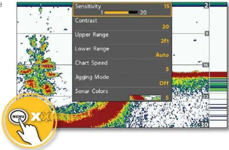 Sensitivity 15 1 20 Contrast 20 Upper Range 2ft Lower Range Auto Chart Speed 5 Jigging Mode Off Sonar Colors 5 MENU XX