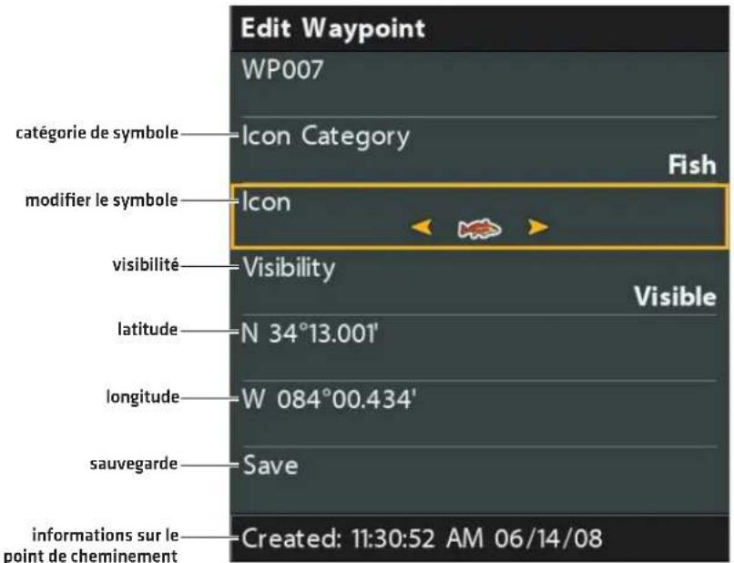Edit Waypoint WP007 catégorie de symbole Icon Category fish modifier le symbole Icon visibility Visibility latitude N 34°13.001' longitude W 084°00.434' sauvegarde Save informations sur le point de cheminement Created: 11:30:52 AM 06/14/08