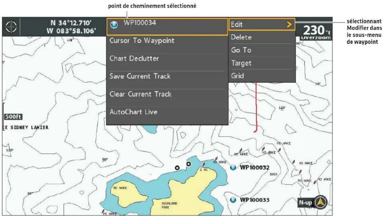 point de cheminement sélectionné N 34°12.710' W 083°58.106' WP100034 Edit Delete Go To Target Grid 230°t Overzoom Cursor To Waypoint Chart Declutter Save Current Track Clear Current Track AutoChart Live 500ft LE SIDNEY LANIER WP100032 DOCK NO WAKE NO WAKE ROURLAND PARK WP100033 N-up sélectionnant Modifier dans le sous-menu de waypoint