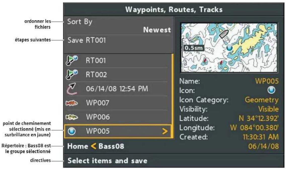 Waypoints, Routes, Tracks ordonner les fichiers Sort By Newest Save RT001 étapes suivantes RT001 RT002 06/14/08 12:54 PM WP007 WP006 point de cheminement sélectionné (mis en surbrillance en jaune) WP005 Répertoire : Bass08 est le groupe sélectionné directives Home < Bass08 Select items and save Name: WP005 Icon: Geometry Visible Visibility: N 34°12.392' Latitude: W 084°00.380' Longitude: Created: 11:30:31 AM 06/14/08