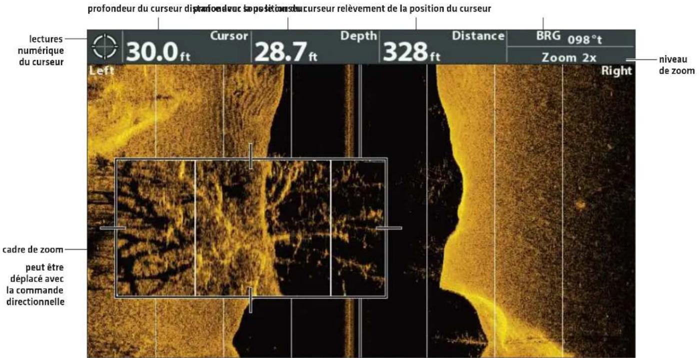 profondeur du curseur disfondeur avec la position de curseur relèvement de la position du curseur lectures numérique du curseur 30.0 ft Cursor 28.7 ft Depth 328 ft Distance BRG 098°t Zoom 2x Left cadre de zoom peut être déplacé avec la commande directionnelle Right niveau de zoom
