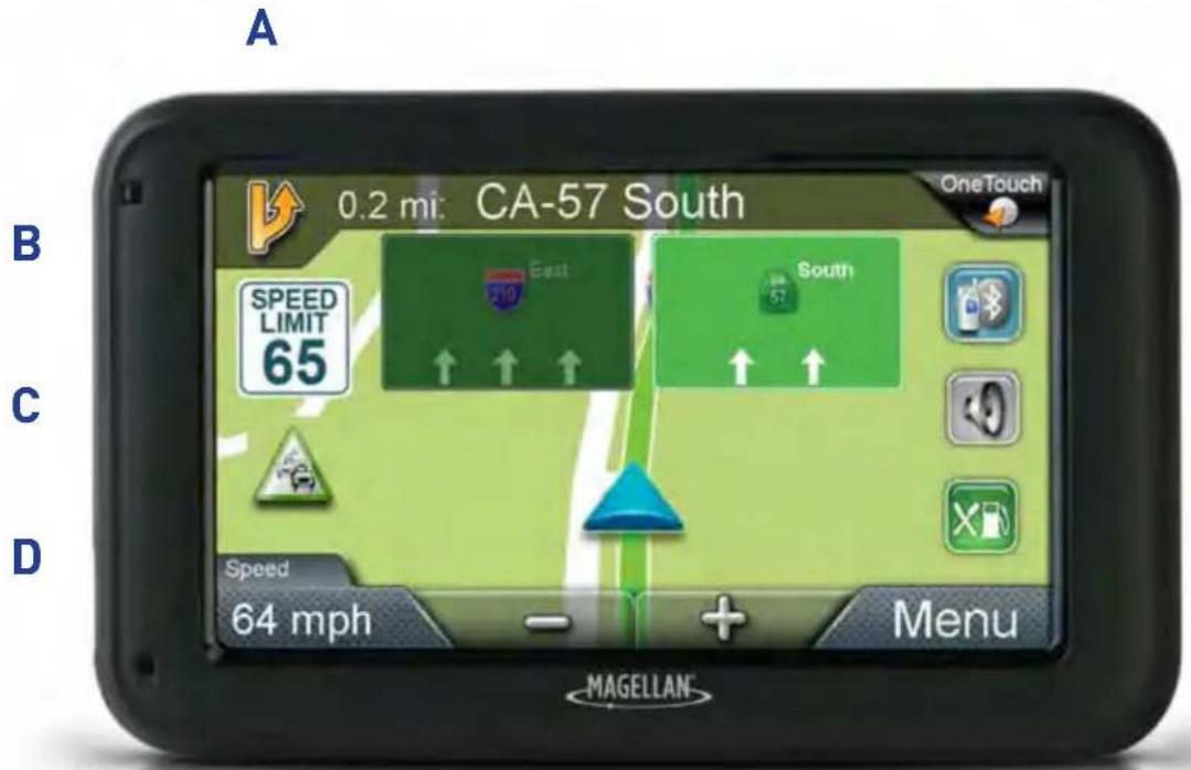 A 0.2 mi: CA-57 South OneTouch B SPEED LIMIT 65 East South Speed 64 mph Menu D MAGELLAN™