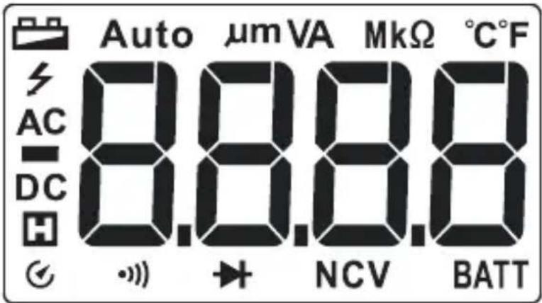 Auto µm VA MkΩ °C°F AC 8.8.8 DC 8.8.8 H ✓ -)) +) NCV BATT