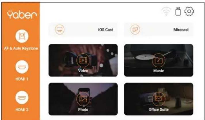 Yaben AF & Auto Keystone HDMI 1 HDMI 2 iOS Cast Miracast Video Music Photo Office Suite
