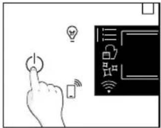 Diagram showing a hand pressing a button next to a digital interface with icons for lighting, security, and Wi-Fi.