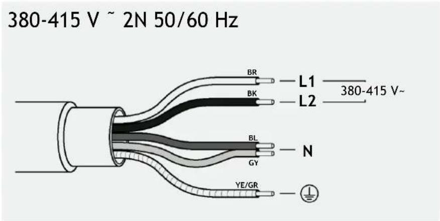 380-415 V ~ 2N 50/60 Hz BR L1 —— 380-415 V~ BK L2 BL N GY YE/GR