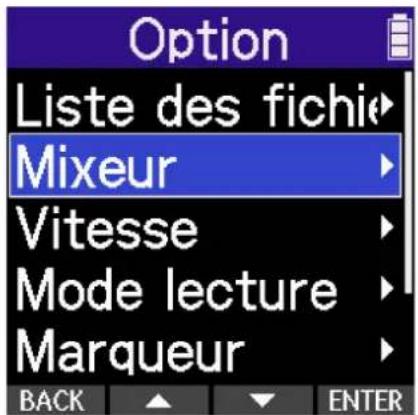 ZOOM H2 Essential - Utilisez ▲ (touche de fonction 2) et ▼ (touche de fonction 3) pour sélectionner « Mixeur », et appuyez sur touche de fonction 4) pour confirmer. - 1