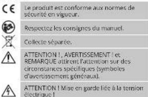 Le produit est conforme aux normes de sécurité en vigueur. Respectez les consignes du manuel. Collecte séparée. ATTENTION !, AVERTISSEMENT ! et. REMARQUE attirent l'attention sur des circonstances spécifiques (symboles d'avertissement généraux). ATTENTION ! Mise en garde liée à la tension électrique !
