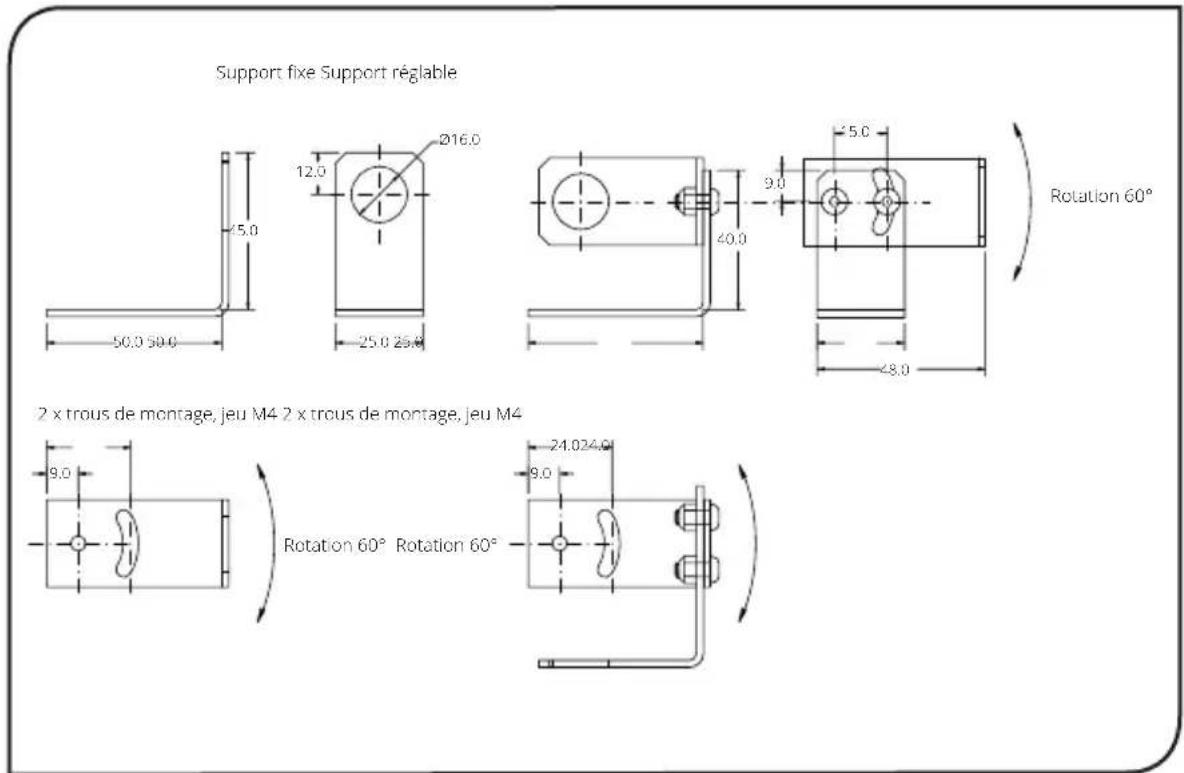 Support fixe Support réglable 2 x trous de montage, jeu M4 2 x trous de montage, jeu M4 Rotation 60° Rotation 60° 50.0 50.0 12.0 Ø16.0 25.0 25.0 9.0 40.0 5.0 Rotation 60° 9.0 24.024.0 9.0