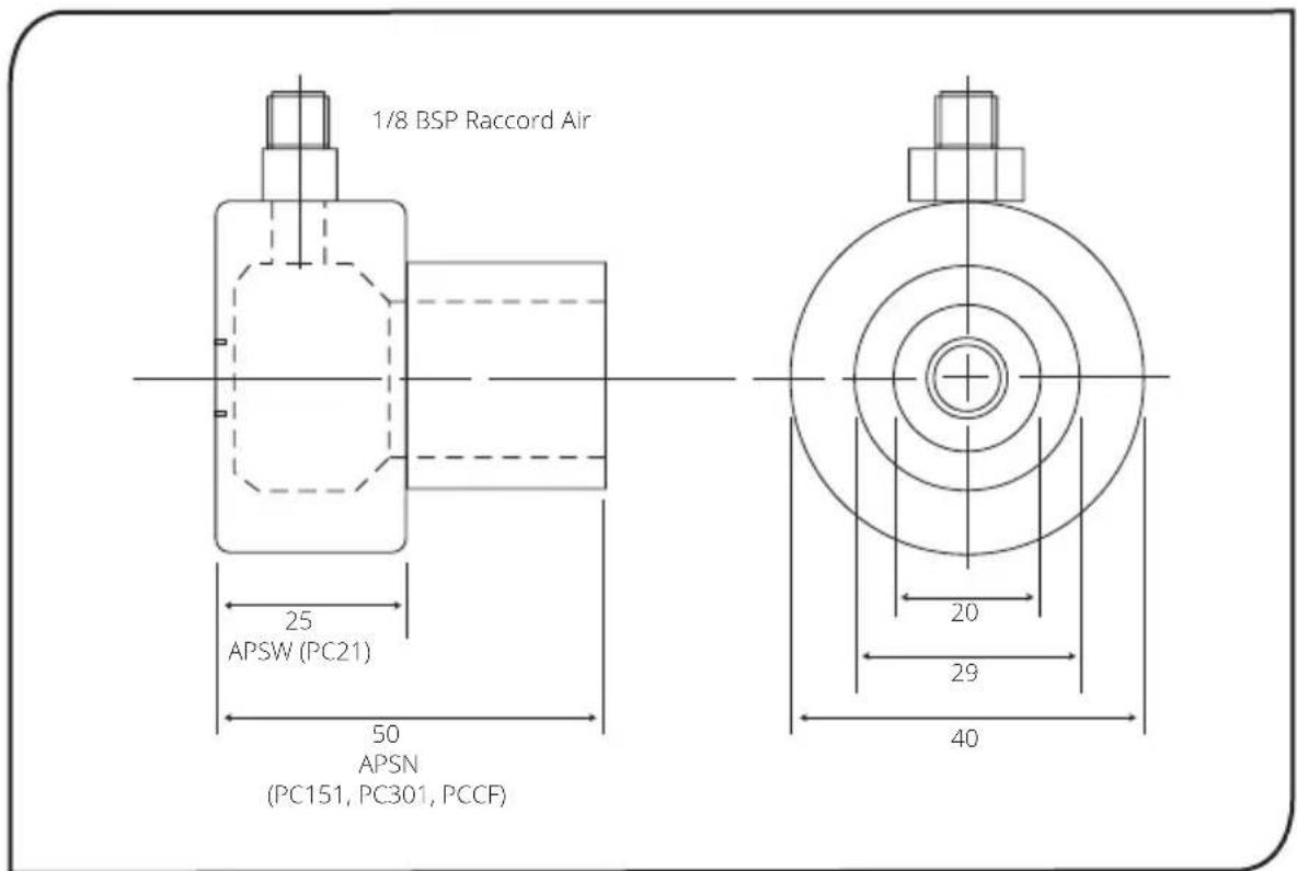 1/8 BSP Raccord Air 25 APSW (PC21) 50 APSN (PC151, PC301, PCCF) 20 29 40