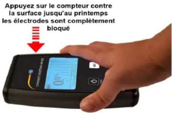 Appuyez sur le compteur contre la surface jusqu'au printemps les électrodes sont complètement bloqué