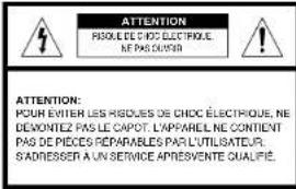 ATTENTION RISQUE DE CHOC ÉLECTRIQUE, NE PAS QUINER ATTENTION: POUR EXITER LES RISQUES DE CHOC ÉLECTRIQUE, NE DEVONTEZ PAS LE CAPOT, L'APPAREL NE CONTIEN PAS DE PIECES REPARABLES PAR L'UTILISATEUR. S'ADRESSER A UN SERVICE APRESENTE QUALIFIÉ.