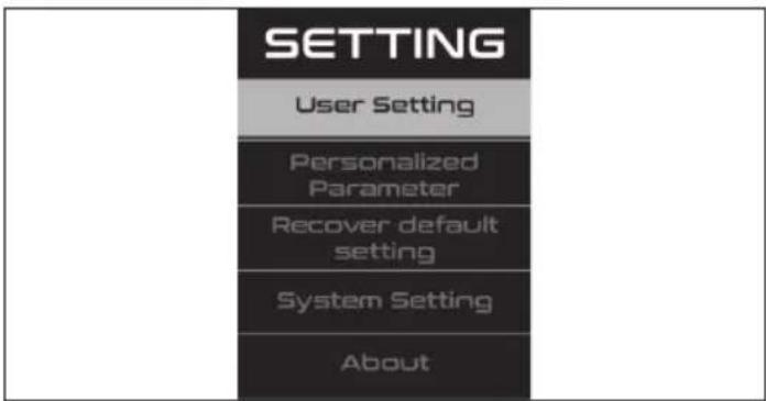 SETTING User Setting Personalized Parameter Recover default setting System Setting About