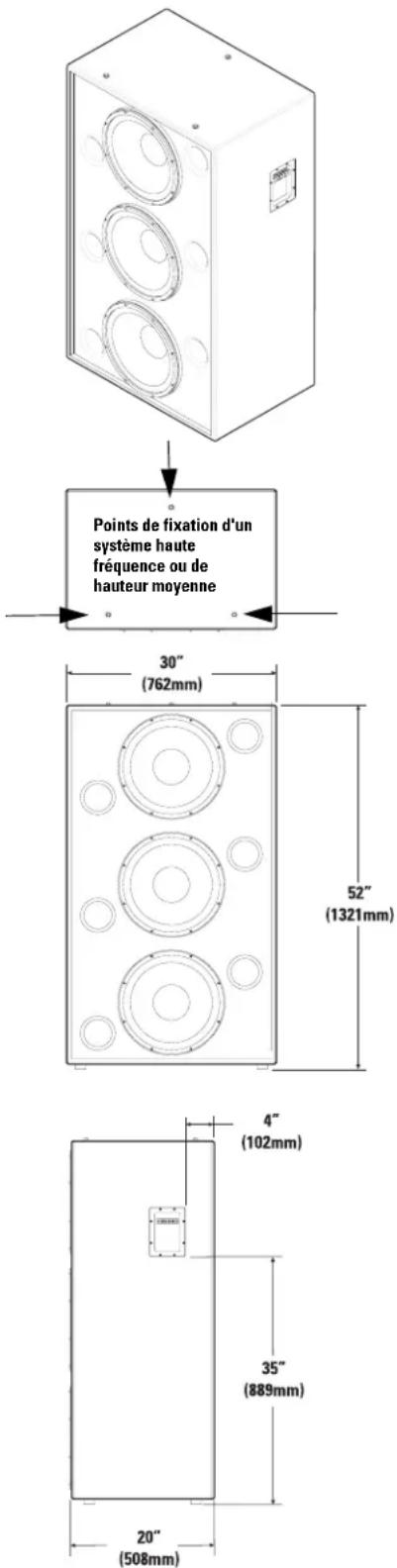 Points de fixation d'un système haute fréquence ou de hauteur moyenne 30" (762mm) 52" (1321mm) 4" (102mm) 35" (889mm) 20" (508mm)