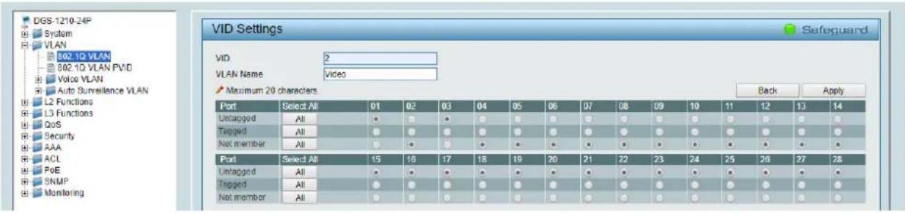 Ecler VEO-XTI2L - Assign 2 as VID, and Video as Name to the new VLAN; mark as Untagged all the Video/Control VLAN ports (15-28), adding the Audio/Control VLAN ports that need to share Control traffic (1-3). Click on the Apply button. - 1