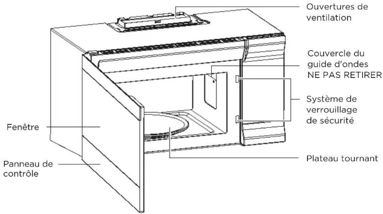 Ouvertures de ventilation Couvercle du guide d'ondes NE PAS RETIRER Système de verrouillage de sécurité Fenêtre Plateau tournant Panneau de contrôle