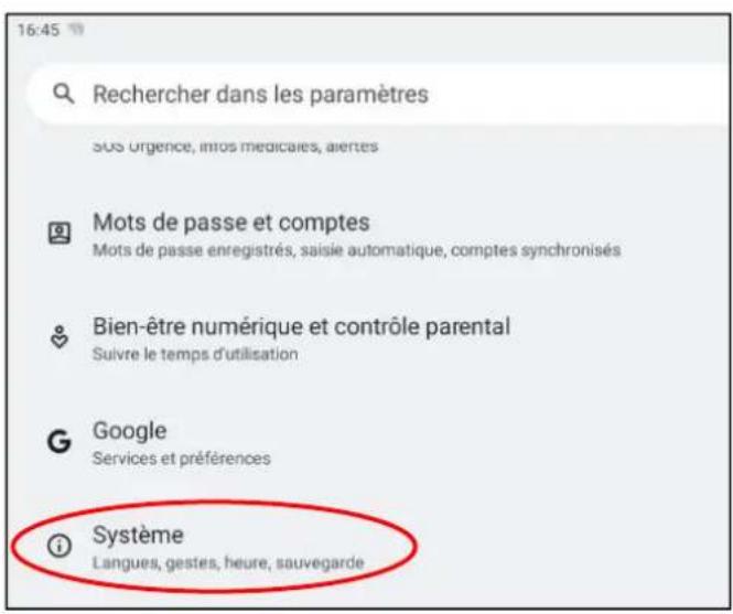 16:45 Rechercher dans les paramètres SUS Urgence, intros médicales, alertes Mots de passe et comptes Mots de passe enregistrés, saisie automatique, comptes synchronisés Bien-être numérique et contrôle parental Suivre le temps d'utilisation Google Services et préférences Système Langues, gestes, heur…