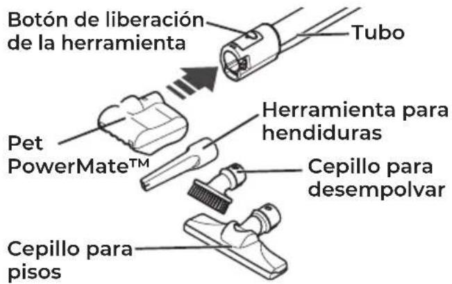 Botón de liberación de la herramienta Tubo Pet PowerMate™ Herramienta para hendiduras Cepillo para desempolvar Cepillo para pisos