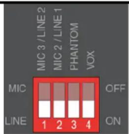 MIC 3 /LINE 2 MIC 2 /LINE 1 PHANTOM VOX MIC OFF LINE 1 2 3 4 ON
