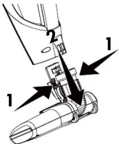 Technical diagram showing mechanical assembly with numbered components and directional arrows indicating motion or force