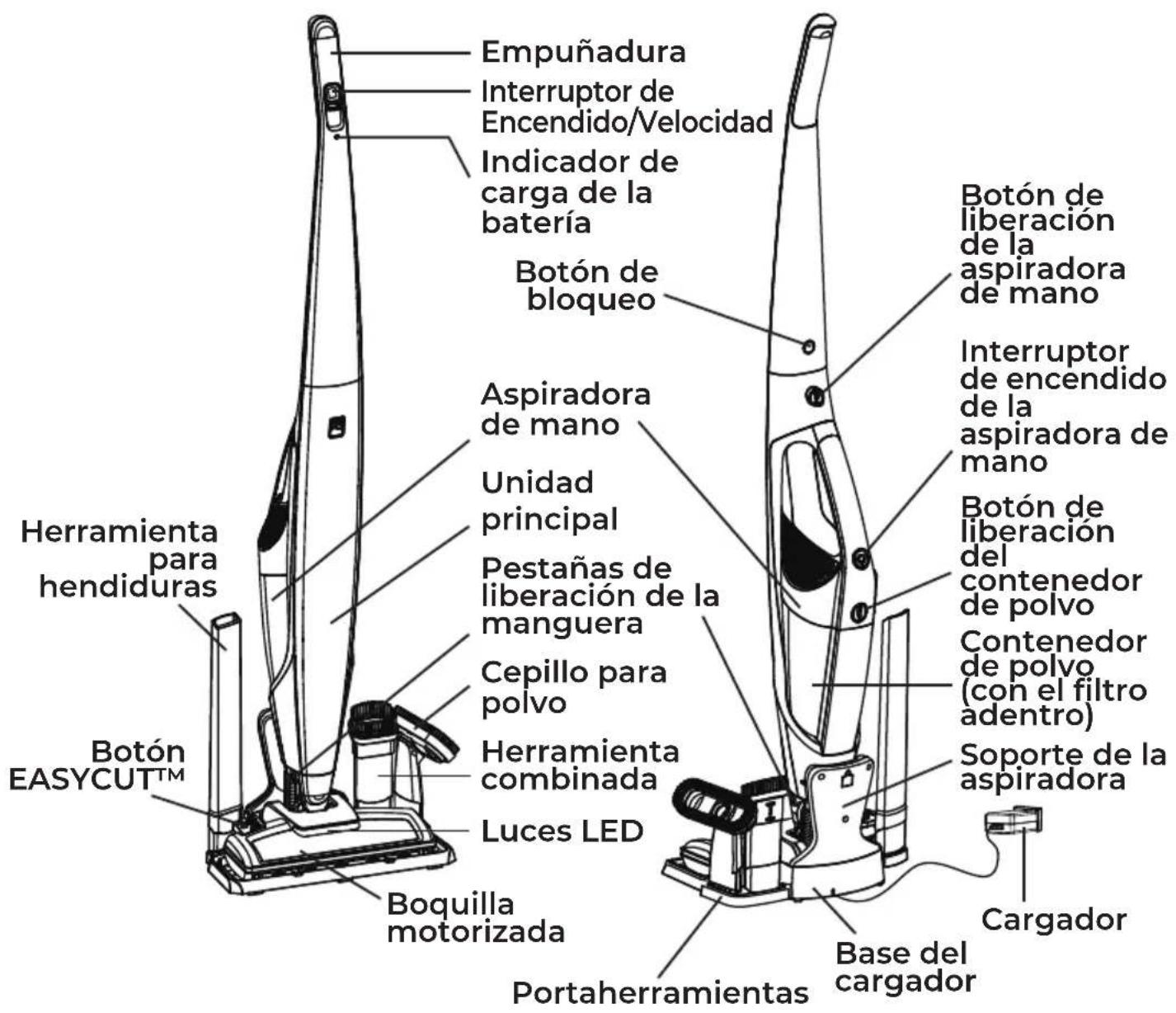 Empuñadura Interruptor de Encendido/Velocidad Indicador de carga de la batería Botón de bloqueo Aspiradora de mano Unidad principal Pestañas de liberación de la manguera Cepillo para polvo Herramienta combinada Luces LED Botón EASYCUT™ Boquilla motorizada Portaherramientas Base del cargador Botón de liberación de la aspiradora de mano Interruptor de encendido de la aspiradora de mano Botón de liberación del contenedor de polvo Contenedor de polvo (con el filtro adentro) Soporte de la aspiradora Cargador