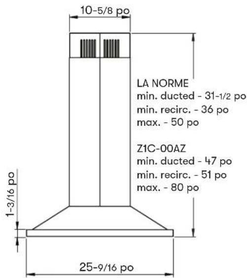 10-5/8 po LA NORME min. ducted - 31-1/2 po min. recirc. - 36 po max. - 50 po Z1C-00AZ min. ducted - 47 po min. recirc. - 51 po max. - 80 po 1-3/16 po 25-9/16 po