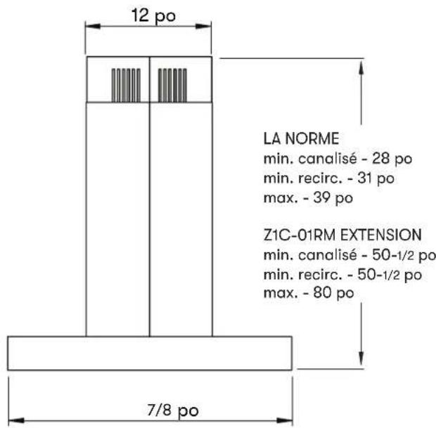 12 po LA NORME min. canalisé - 28 po min. recirc. - 31 po max. - 39 po Z1C-01RM EXTENSION min. canalisé - 50-1/2 po min. recirc. - 50-1/2 po max. - 80 po 7/8 po