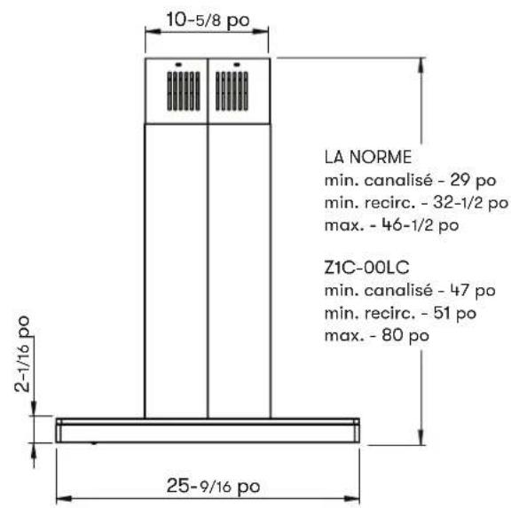 10-5/8 po LA NORME min. canalisé - 29 po min. recirc. - 32-1/2 po max. - 46-1/2 po Z1C-00LC min. canalisé - 47 po min. recirc. - 51 po max. - 80 po 2-1/16 po 25-9/16 po