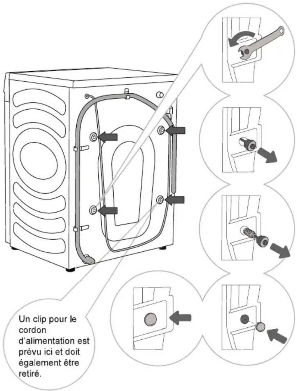 Un clip pour le cordon d'alimentation est prévu ici et doit également être retiré.