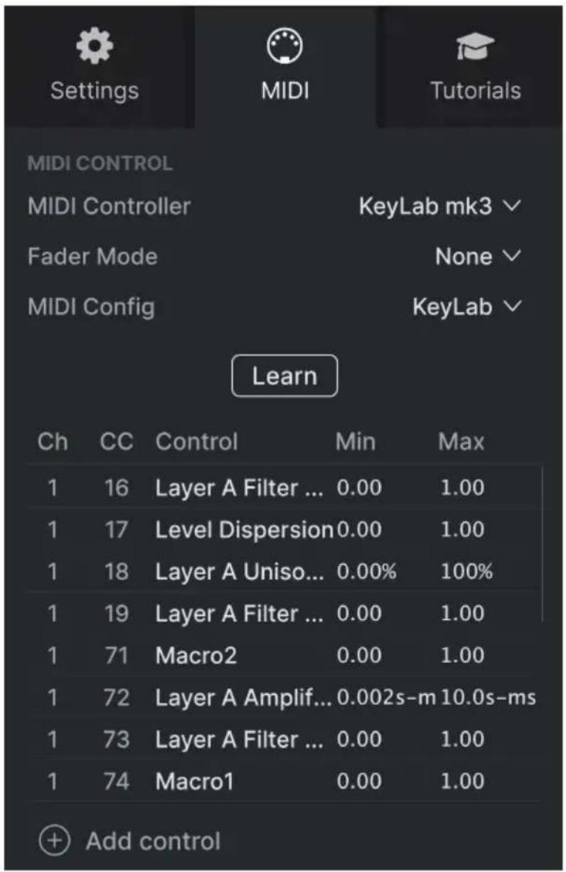 Arturia Synthx V - Onglet MIDI - 1