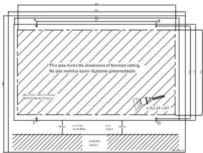 This area shows the dimensions of furniture cutting. Bu alan mobilya kesim ölçilerini göstermektedir. MOBILIAL TEMPLES, ESCOLIET MONTAGE GROSE SCOLIET A.H.C.D = 03 C 150 mm ELECTRO ELIKTROLE 100 mm GAZL 150 mm D SUBSTOP H22000 100 mm