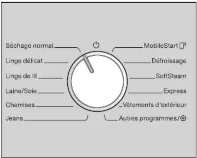 Séchage normal Linge délicat Linge de lit Laine/Soie Chemises Jeans MobileStart Défroissage SoftSteam Express _Vêtements d'extérieur Autres programmes/