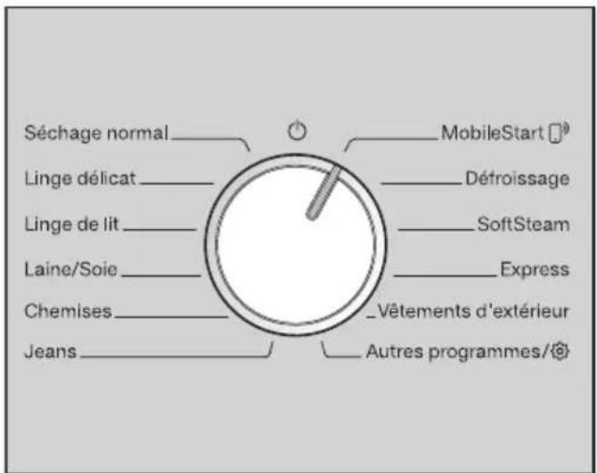 Séchage normal Linge délicat Linge de lit Laine/Soie Chemises Jeans MobileStart Défroissage SoftSteam Express _Vêtements d'extérieur Autres programmes/©