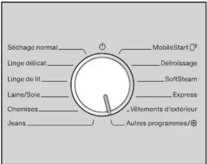 Séchage normal Linge délicat Linge de lit Laine/Soie Chemises Jeans MobileStart Défroissage SoftSteam Express _Vêtements d'extérieur Autres programmes/