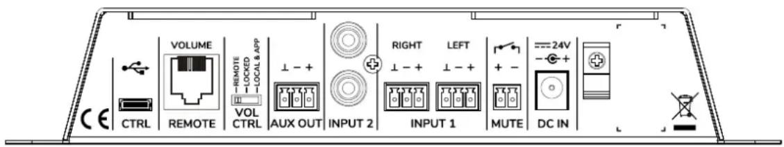 VOLUME REMOTE VOL CTRL LOCAL & APP ⊥ - + AUX OUT INPUT 2 RIGHT ⊥ - + LEFT INPUT 1 MUTE DC IN - 24V - +