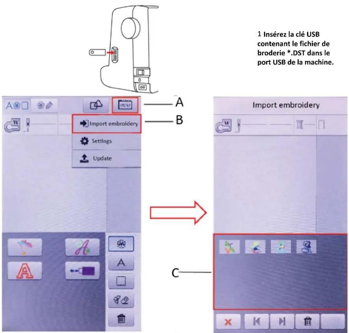 1 Insérez la clé USB contenant le fichier de broderie *.DST dans le port USB de la machine. Import embroidery Settings Update Import embroidery