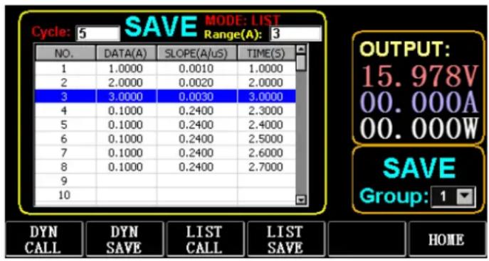 Cycle: 5 SAVE MODE: LIST Range(A): 3 NO. DATA(A) SLOPE(A/uS) TIME(S) 1 1.0000 0.0010 1.0000 2 2.0000 0.0020 2.0000 3 3.0000 0.0030 3.0000 4 0.1000 0.2400 2.3000 5 0.1000 0.2400 2.4000 6 0.1000 0.2400 2.5000 7 0.1000 0.2400 2.6000 8 0.1000 0.2400 2.7000 9 10 OUTPUT: 15.978V 00.000A 00.000W SAVE Group…