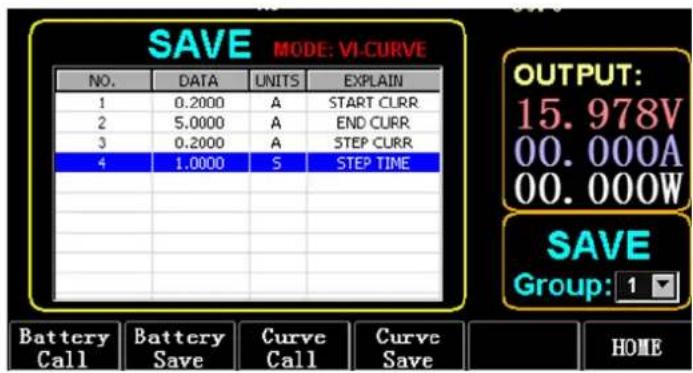 SAVE MODE: VI-Curve NO. DATA UNITS EXPLAIN 1 0.2000 A START CURR 2 5.0000 A END CURR 3 0.2000 A STEP CURR 4 1.0000 S STEP TIME Battery Call Battery Save Curve Call Curve Save OUTPUT: 15.978V 00.000A 00.000W SAVE Group: 1 HOME
