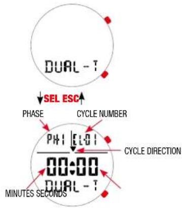 DUAL - T ↓SEL ESC↑ PH1 [ELO] 00:00 DUAL - T MINUTES SECONDS PH1 [ELO] CYCLE NUMBER CYCLE DIRECTION
