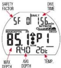 SAFETY FACTOR DIVE TIME SF 01 156min NITRO MAXDEPTH M 85.1 P I R40 26t DECO MAX DEPTH AVG DEPTH TEMP.