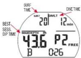 SURF TIME DIVE.T DIVE TIME BEST SESS. DIP TIME MAXDEPTH m 43.6 B P2 0:26 12 min FREE