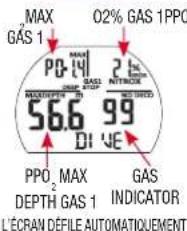 MAX GAS 1 O2% GAS 1PPO 56.6 99 DI 'E PPO₂ MAX DEPTH GAS 1 GAS INDICATOR L'ÉCRAN DÉFILE AUTOMATIQUEMENT