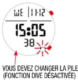 WE | 1112 15:05 38 VOUS DEVEZ CHANGER LA PILE (FONCTION DIVE DÉSACTIVÉE)