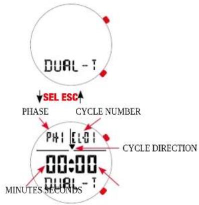 DUAL - T ↓SEL ESC↑ PHASE CYCLE NUMBER PH1 [ELO] 00:00 CYCLE DIRECTION DUAL - T MINUTES SECONDS