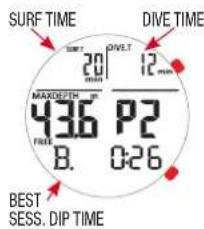 SURF TIME DIVE TIME 20 V 12 MAXDEPTH m 436 P2 FREE B. B. 0:26 BEST SESS. DIP TIME