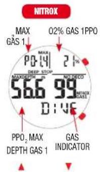 NITROX MAX GAS 1 02% GAS 1PPO MAX P0.41 21% DEEP STOP MAXDEPTH IN NO DECO 566 99 MINHOK GAS1 D:15C PPO₂ MAX DEPTH GAS 1 GAS INDICATOR