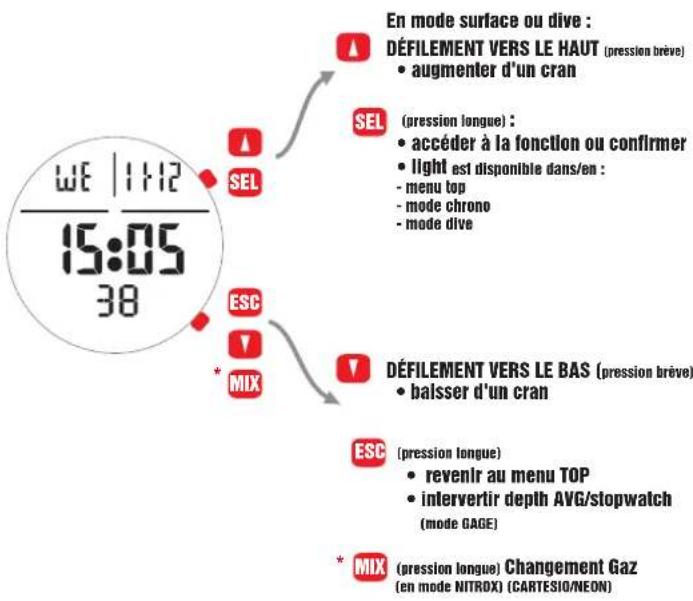 EN mode surface ou dive : DÉFILEMENT VERS LE HAUT (pression brève) • augmenter d'un cran SEL (pression longue) : • accéder à la fonction ou confirmer • light est disponible dans/en : - menu top - mode chrono - mode dive ESC * MIX DÉFILEMENT VERS LE BAS (pression brève) • baisser d'un cran ESC (pression longue) • revenir au menu TOP • intervertir depth AVG/stopwatch (mode GAGE) * MIX (pression longue) Changement Gaz (en mode NITROX) (CARTESIO/NEON)
