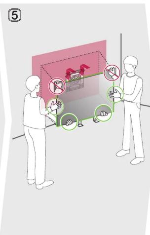 Illustration showing two people interacting with a display panel, with hand icons and warning labels indicating safety or hazard zones.