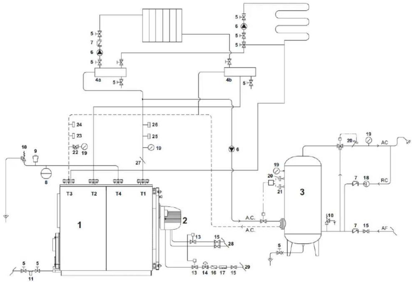 FERROLI TP3 COND 65÷1000 - ESQUEMA PRELIMINAR - INSTALACIÓN PARA CALEFACCIÓN Y PRODUCCIÓN DE AGUA SANITARIA - 1