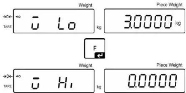 Weight TARE 0 Lo kg Piece Weight 3.0000 kg F Weight TARE 0 H1 kg Piece Weight 0.0000